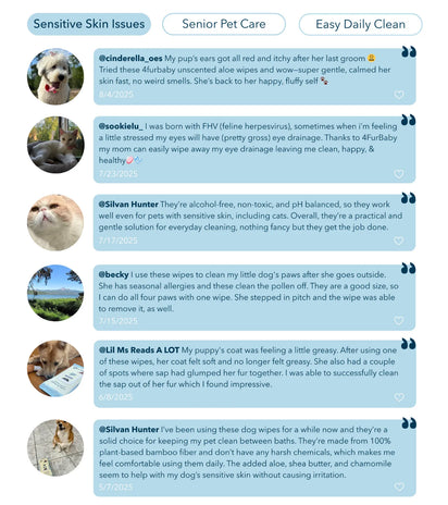 Reviews of 4PawBaby dog wipes on a social media platform with images and text.