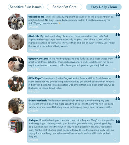 Reviews of pet grooming wipes with images and text on a white background