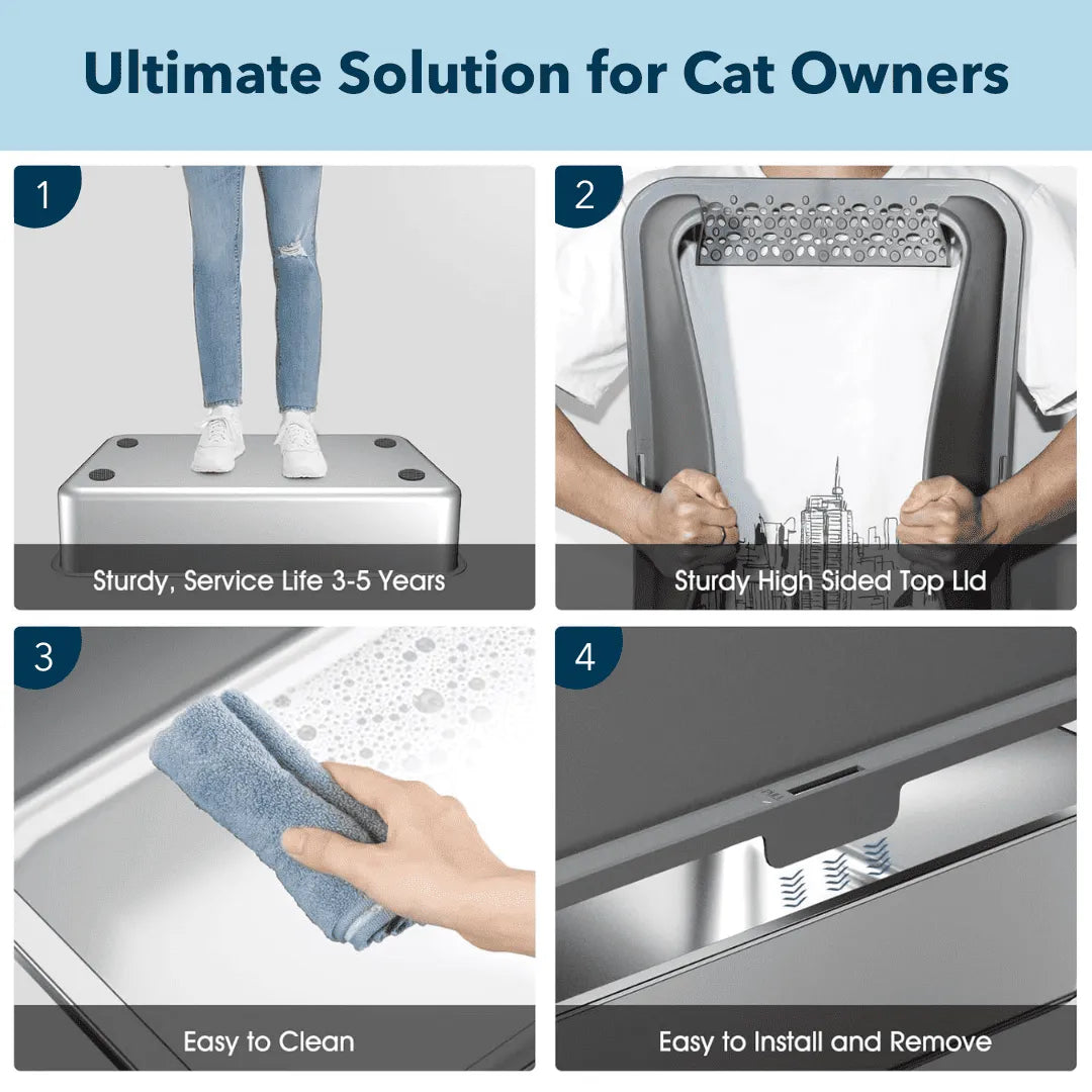 Product features for cat owners with text and images of a pet carrier.