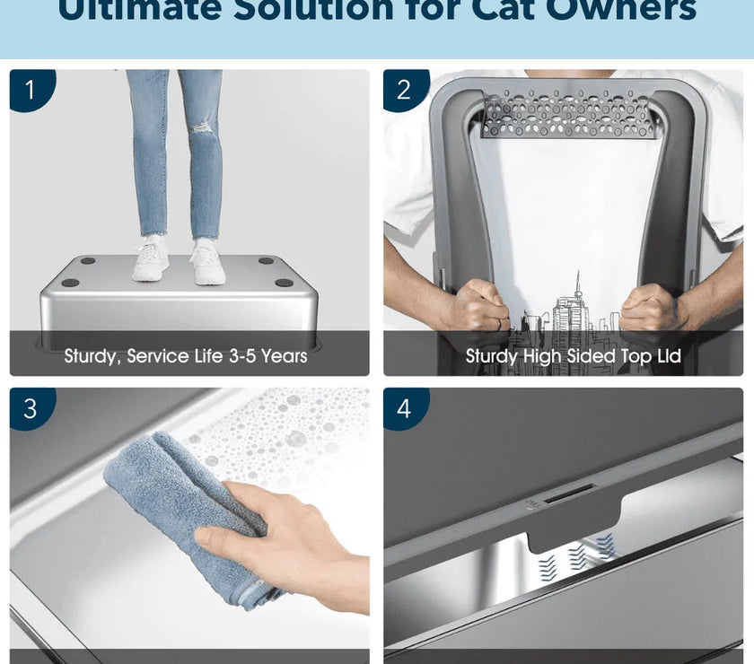 Product features for cat owners with text and images of a pet carrier.