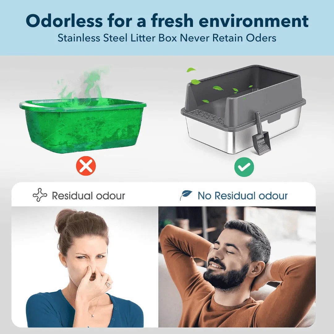 Stainless steel litter box with green waste, showing residual odor issue and solution.