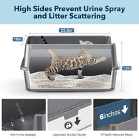 Cat litter box with dimensions and features highlighted, showing a cat using the litter box.