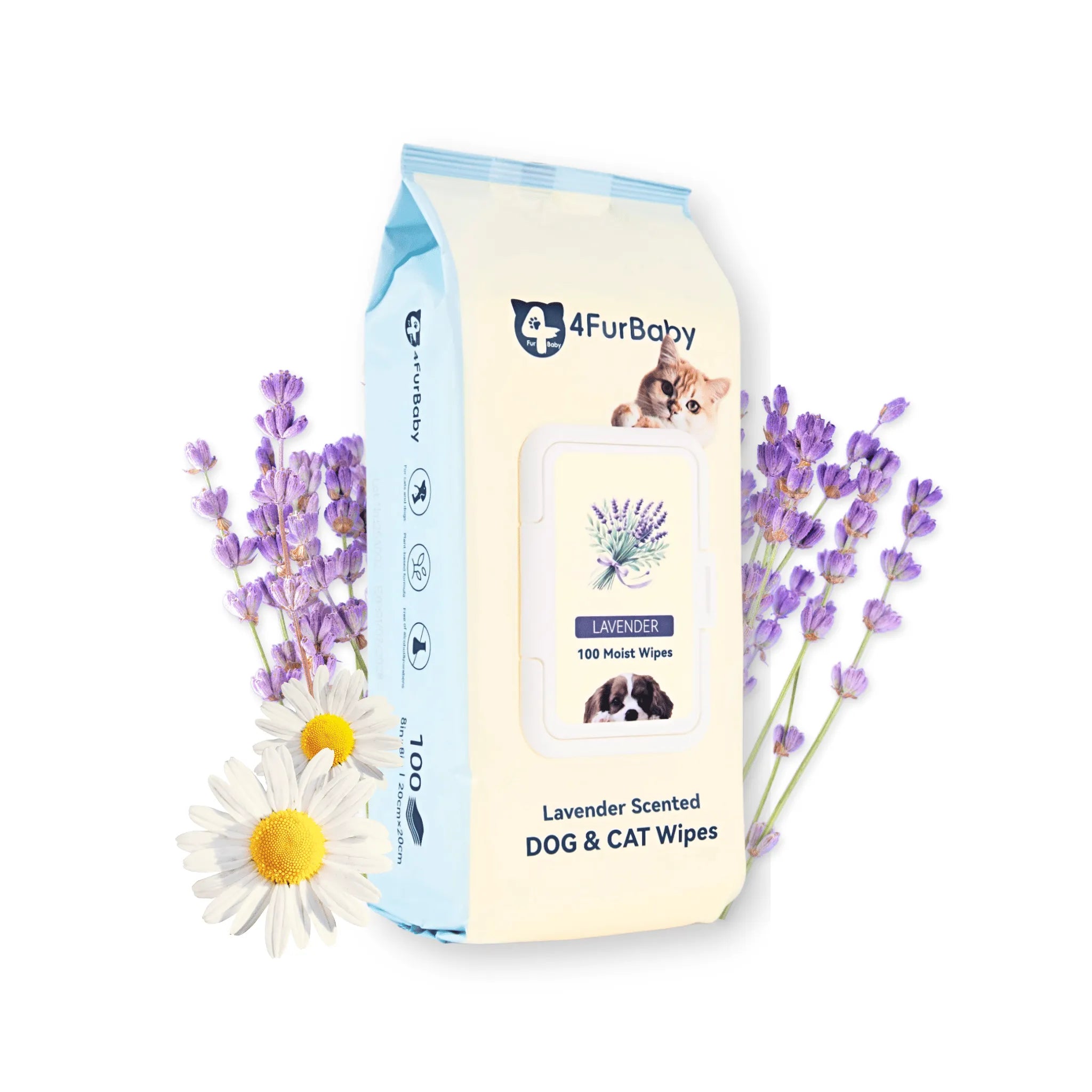 Package of 4FurBaby lavender-scented dog and cat wipes with flowers on a white background