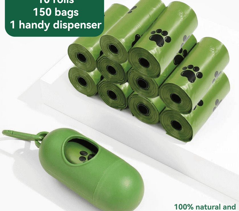 biodegradable trash pet poop bags along with a dispenser designed for convenience and environmental sustainability
