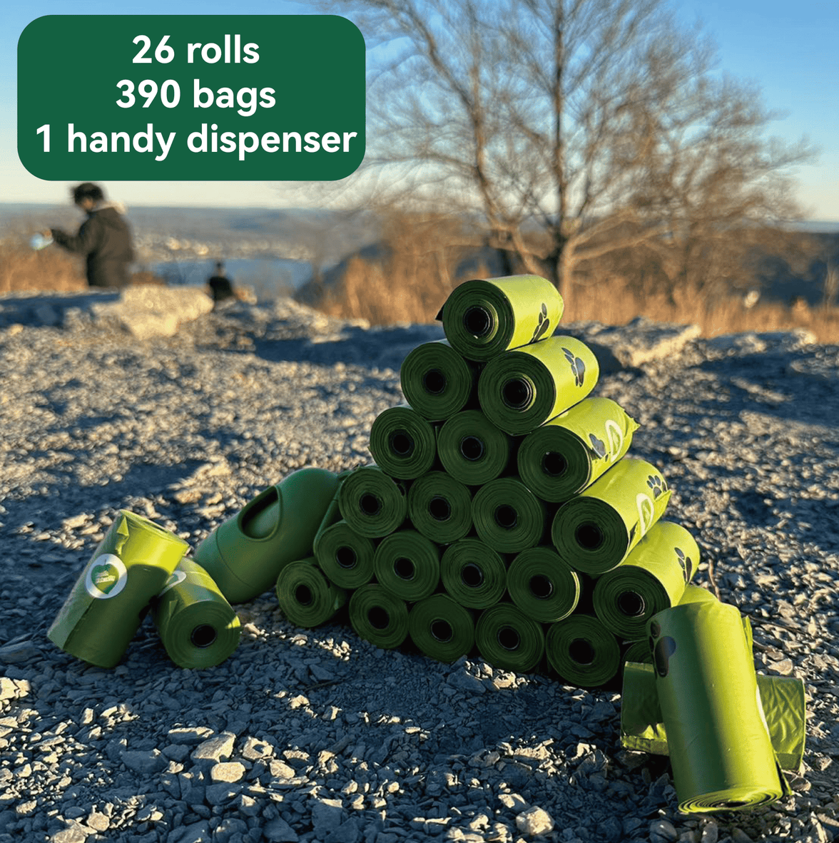 biodegradable trash pet poop bags along with a dispenser designed for convenience and environmental sustainability