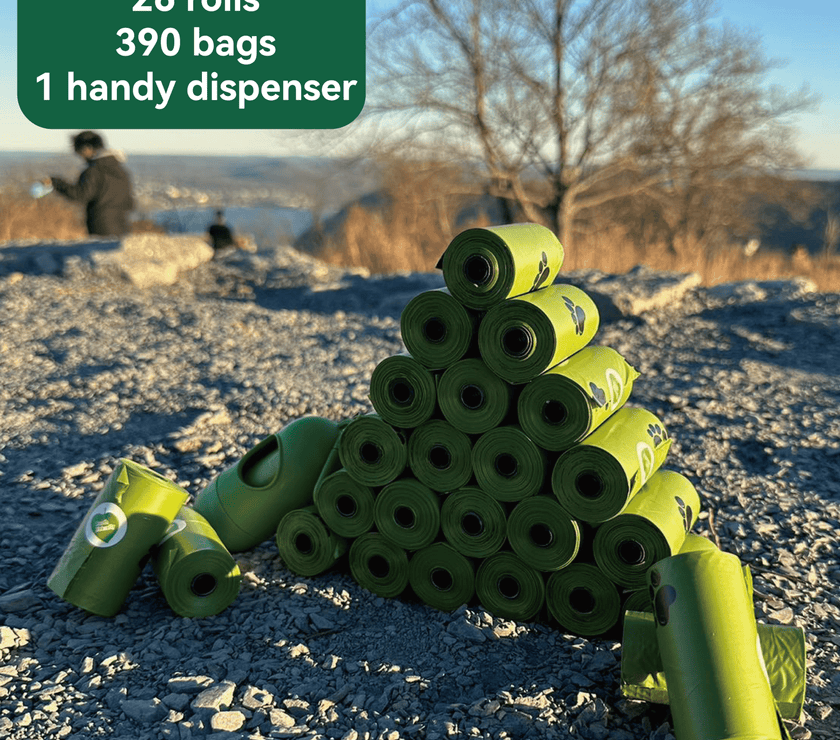 biodegradable trash pet poop bags along with a dispenser designed for convenience and environmental sustainability