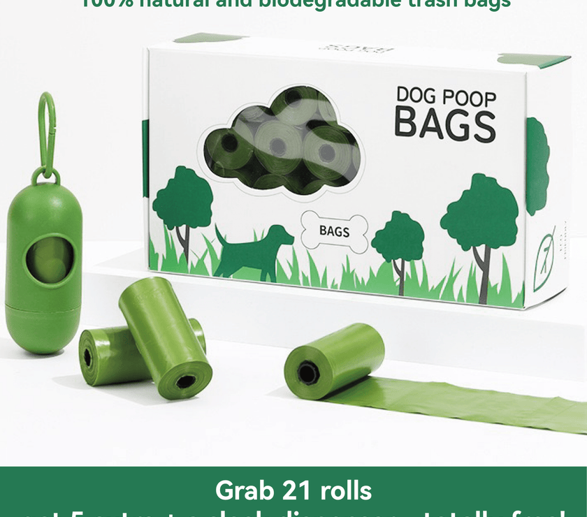 biodegradable trash pet poop bags along with a dispenser designed for convenience and environmental sustainability