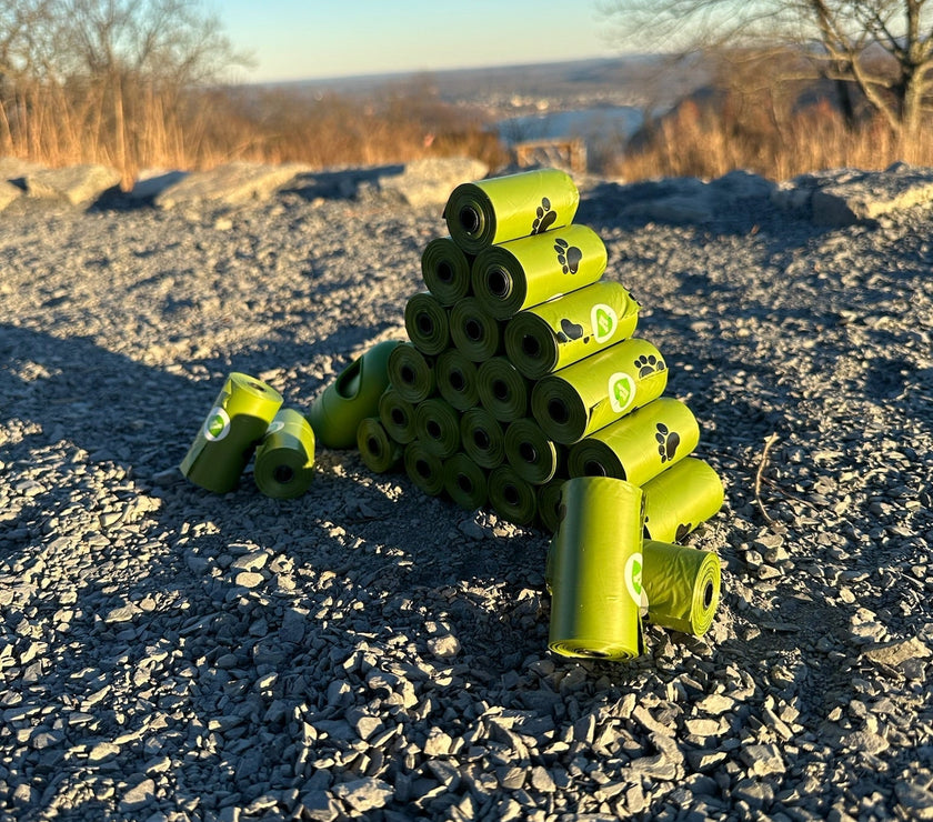 biodegradable trash pet poop bags along with a dispenser designed for convenience and easy to tear